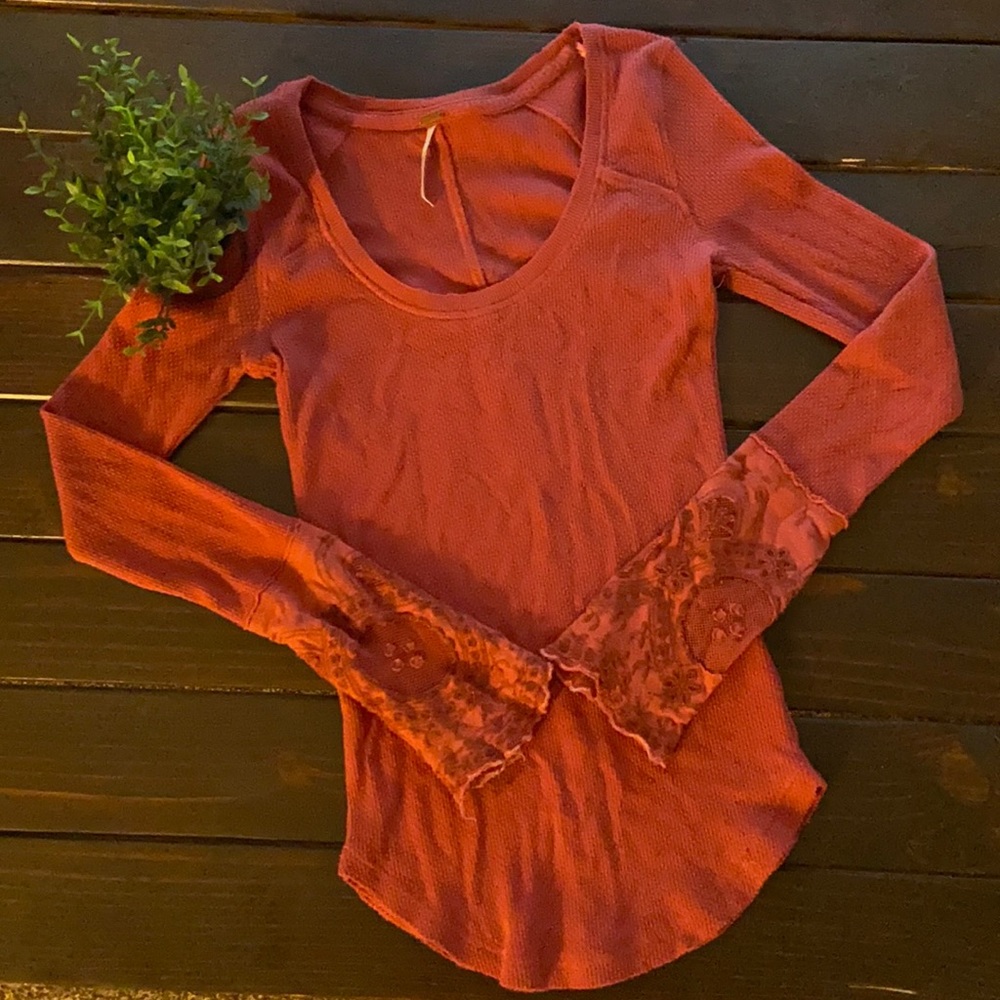 Free People Rust Thermal Lace Sleeve Top XSmall